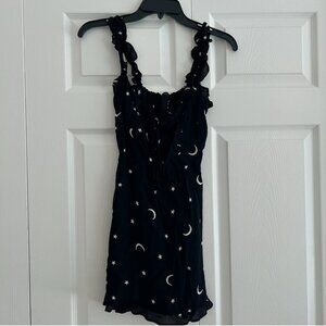 Reformation Ruffle Mini Dress Star & Moon Galaxy Black Armadillo Dress Tie Front